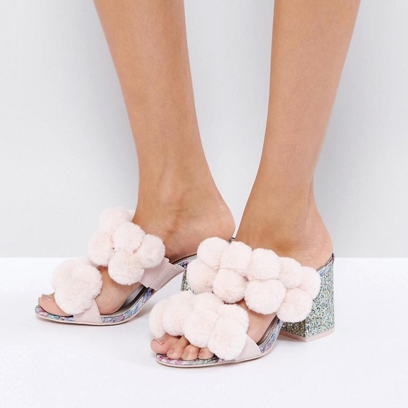 ASOS Shoes - asos hot topic pom pom heeled sandals - Pink Fuzzy Glitter Chunky Heel mules